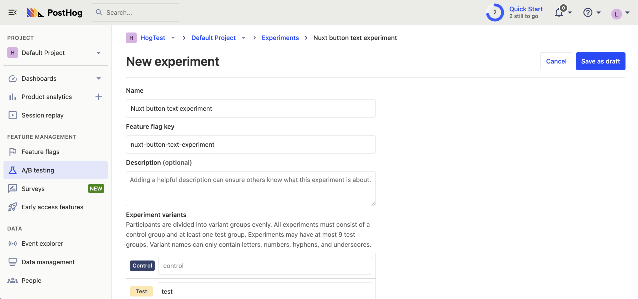 Nuxt.js experiment setup in PostHog